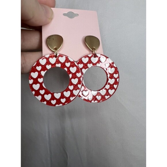 Heart Red/White/Gold Dangle Earrings NWT - Picture 2 of 4